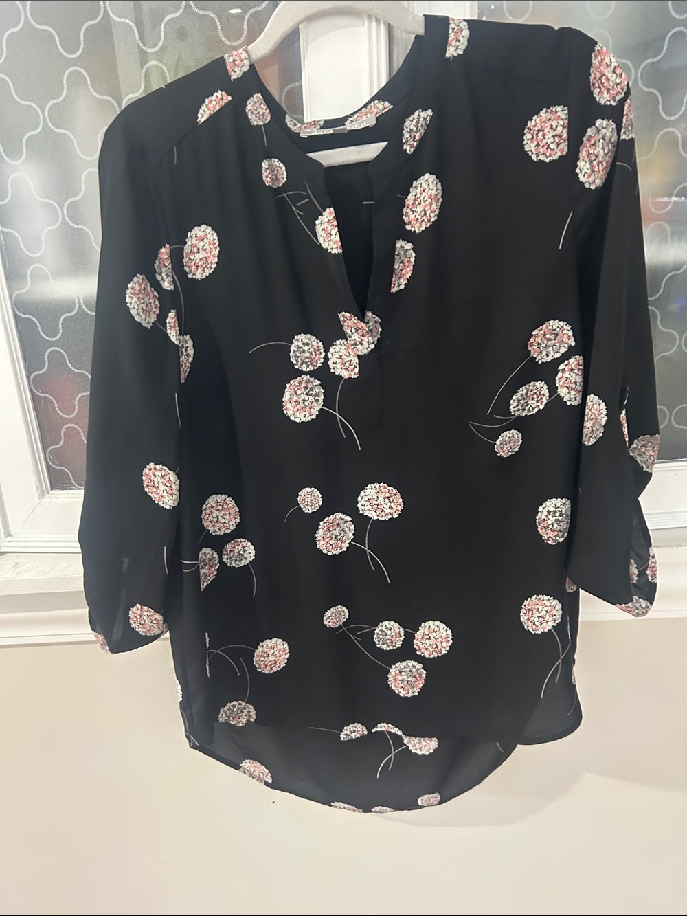 Daniel Rainn Black Blouse with Pink and White Floral Dots